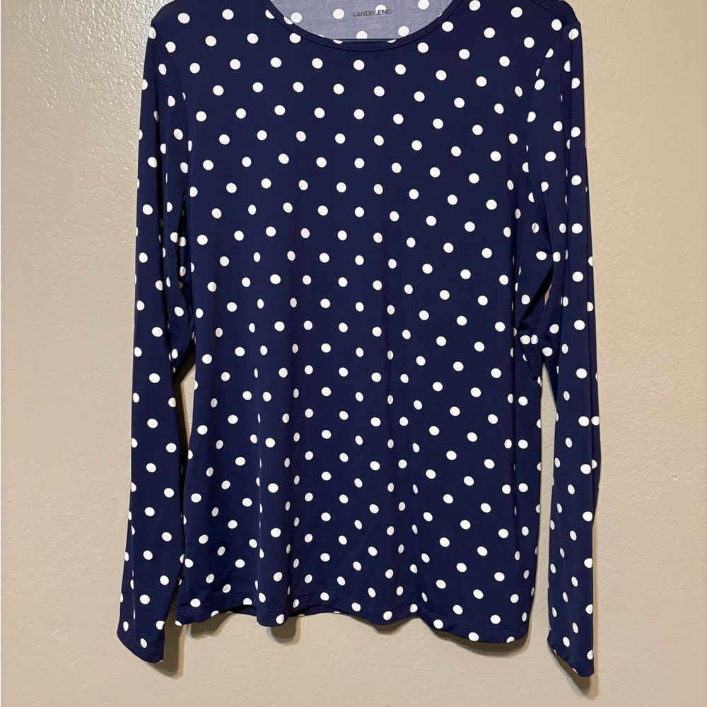 Women’s Lands’ End Navy with White Polka Dot Long Sleeve Tee Size L 14-16